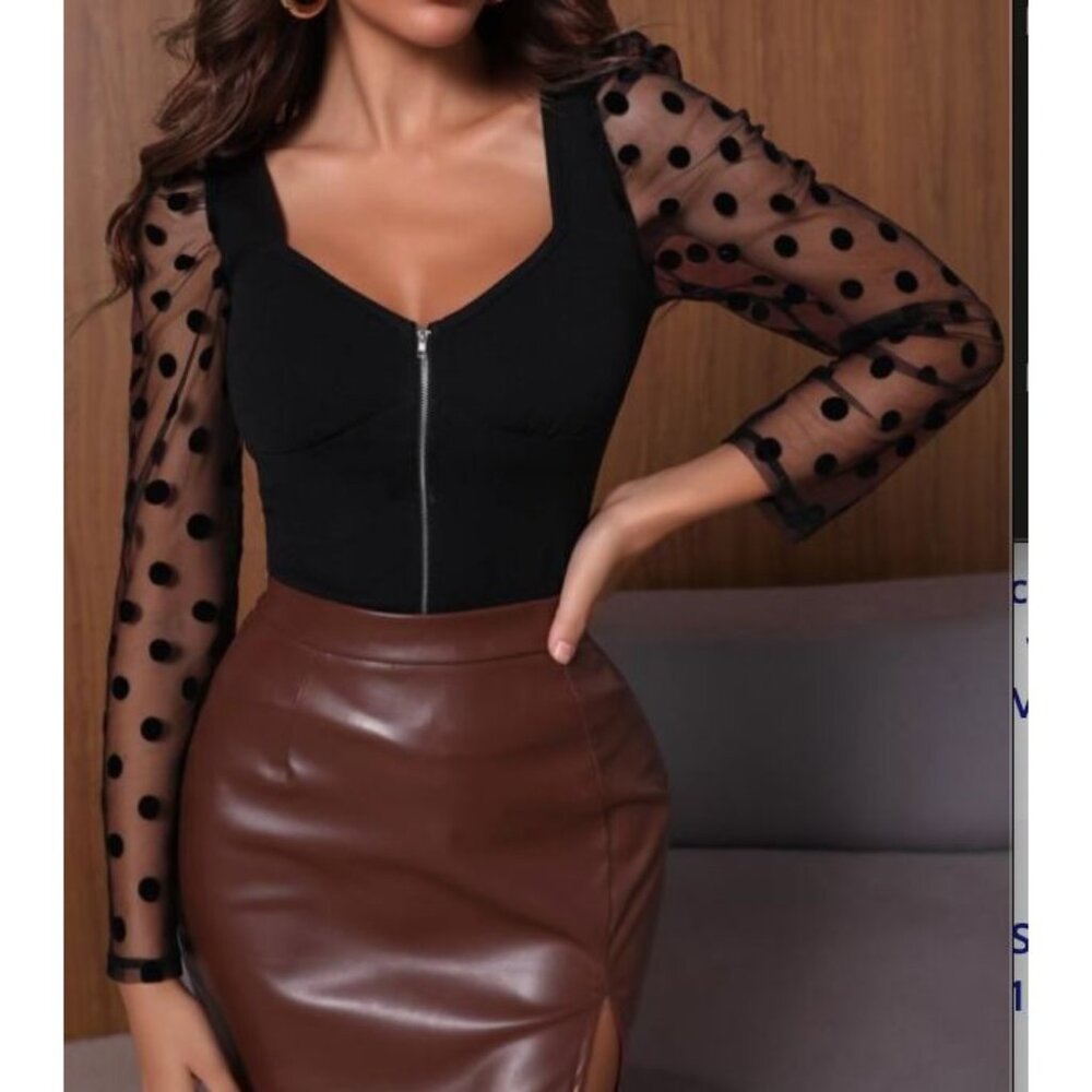 Black Sweetheart Neck Zip-Up Long Sleeve Top with Polka Dot Mesh Sleeves Sz 6
